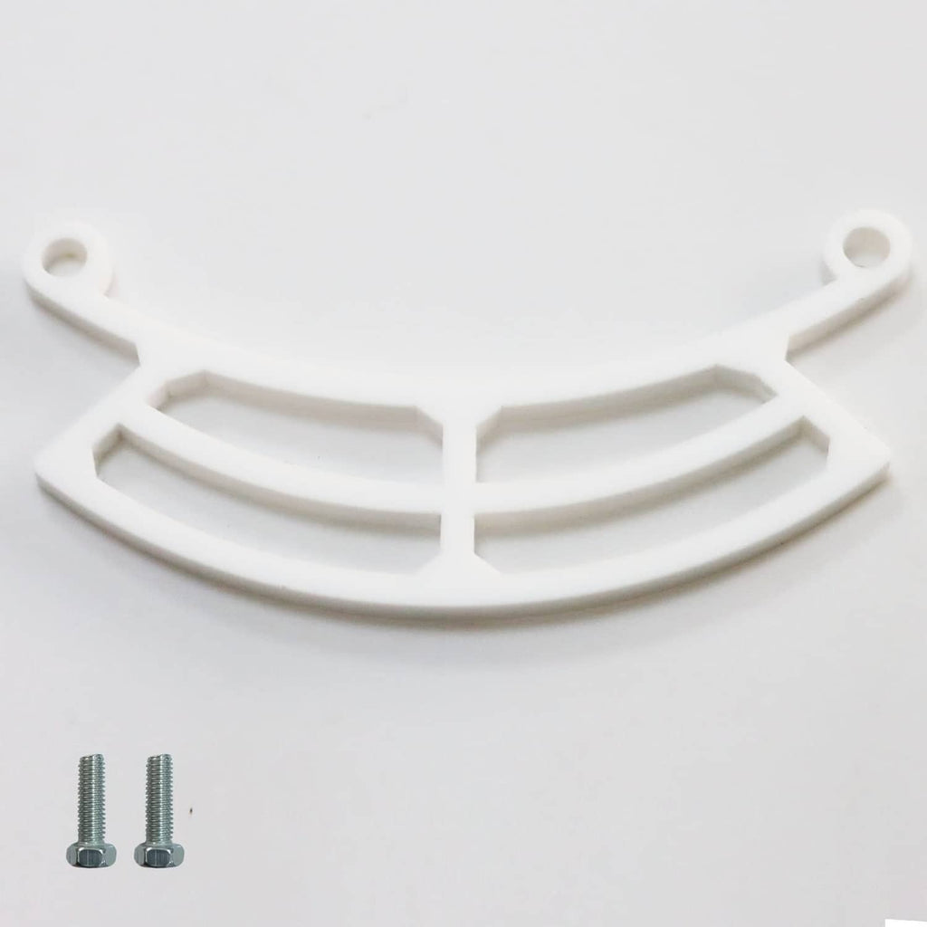 White bird feeder perch accessory with curved cradle and mounting holes
