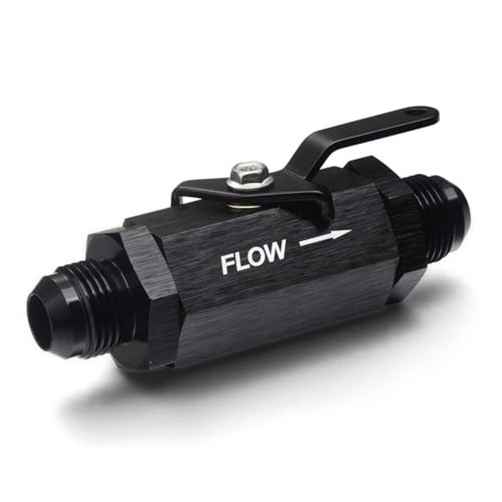 Black aluminum fuel shut-off valve with cable lever, FLOW marking, male AN ends