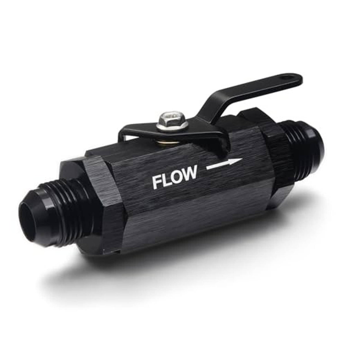 Black aluminum fuel shut-off valve with cable lever, FLOW marking, male AN ends