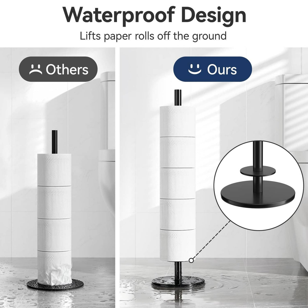 Black toilet paper holder stand with roll lifted above floor on round base