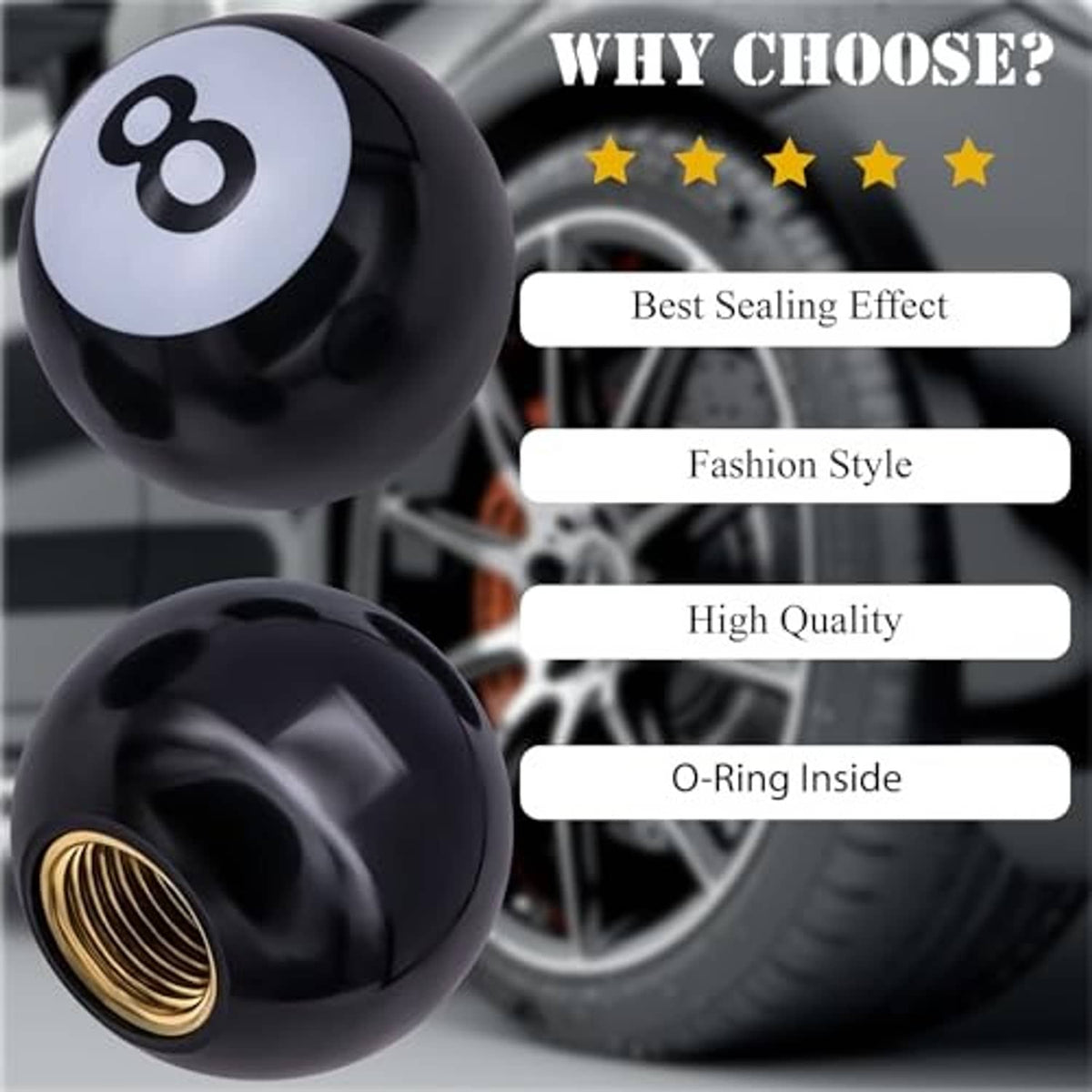 Black 8-ball tire valve stem cap with white 8 icon and gold threaded opening