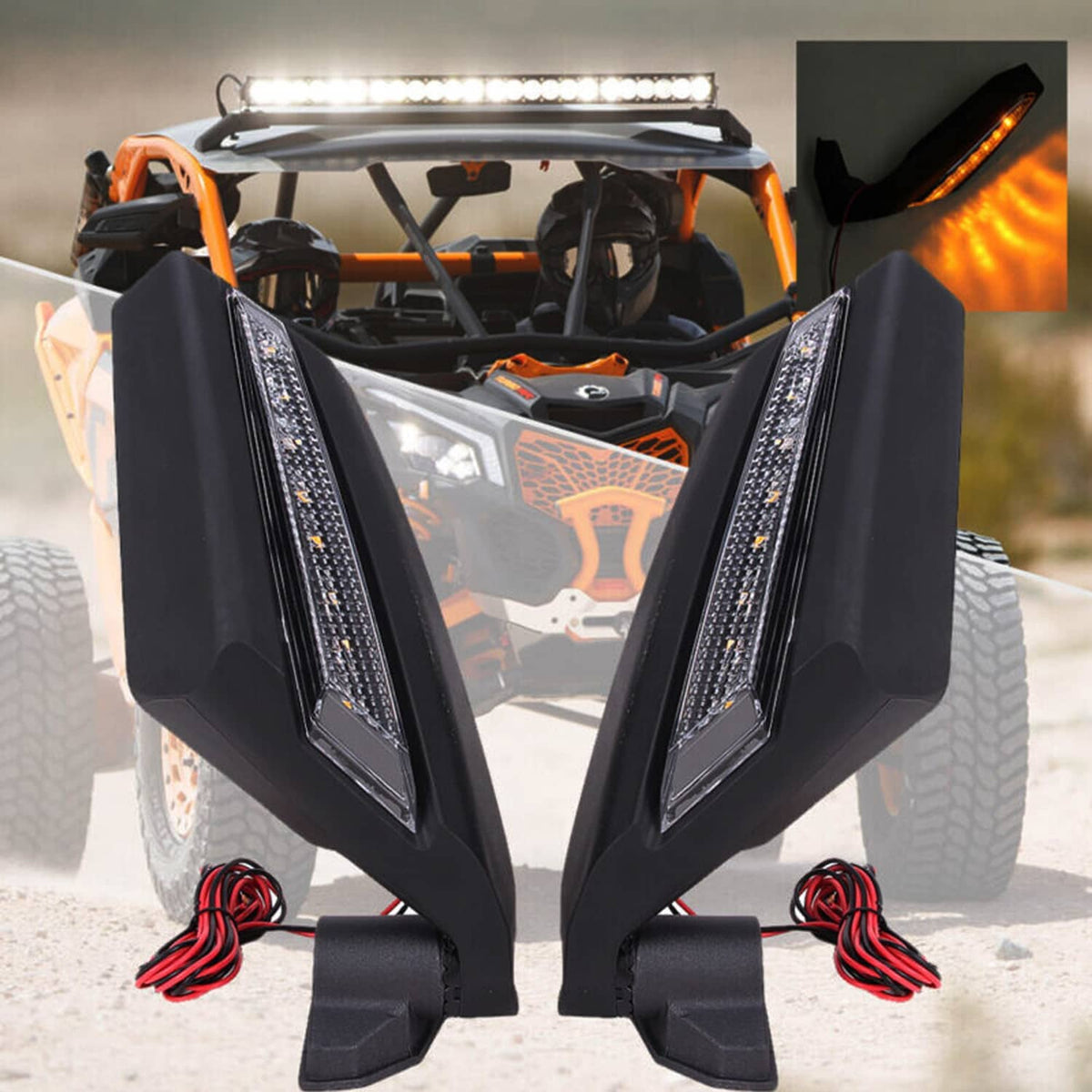 Pair of black UTV LED rearview mirrors with rectangular lens panels and red wire leads