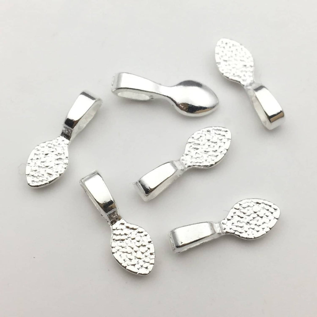 Curved shiny silver glue-on pendant bails with textured teardrop loop openings