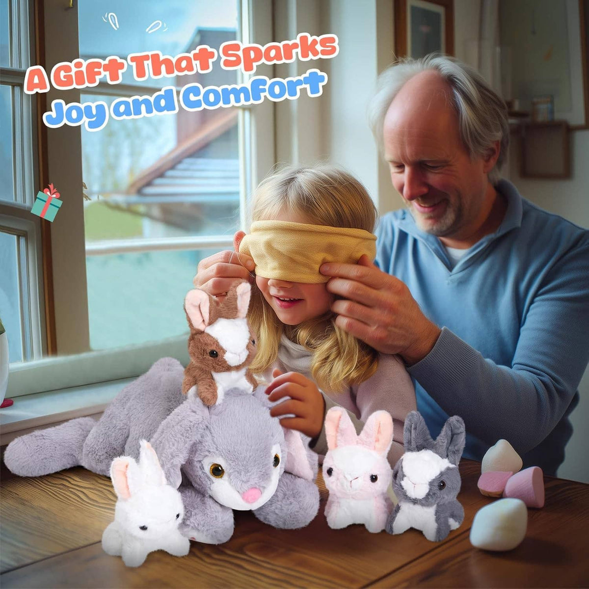 Plush bunny stuffed animal set with five bunnies, held by a child