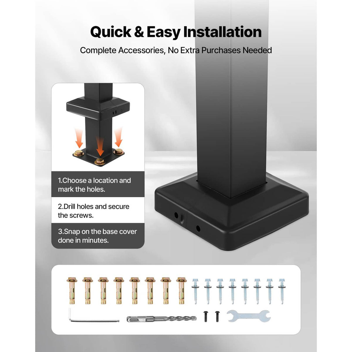 Outdoor stair handrail base and posts with included hardware for quick installation