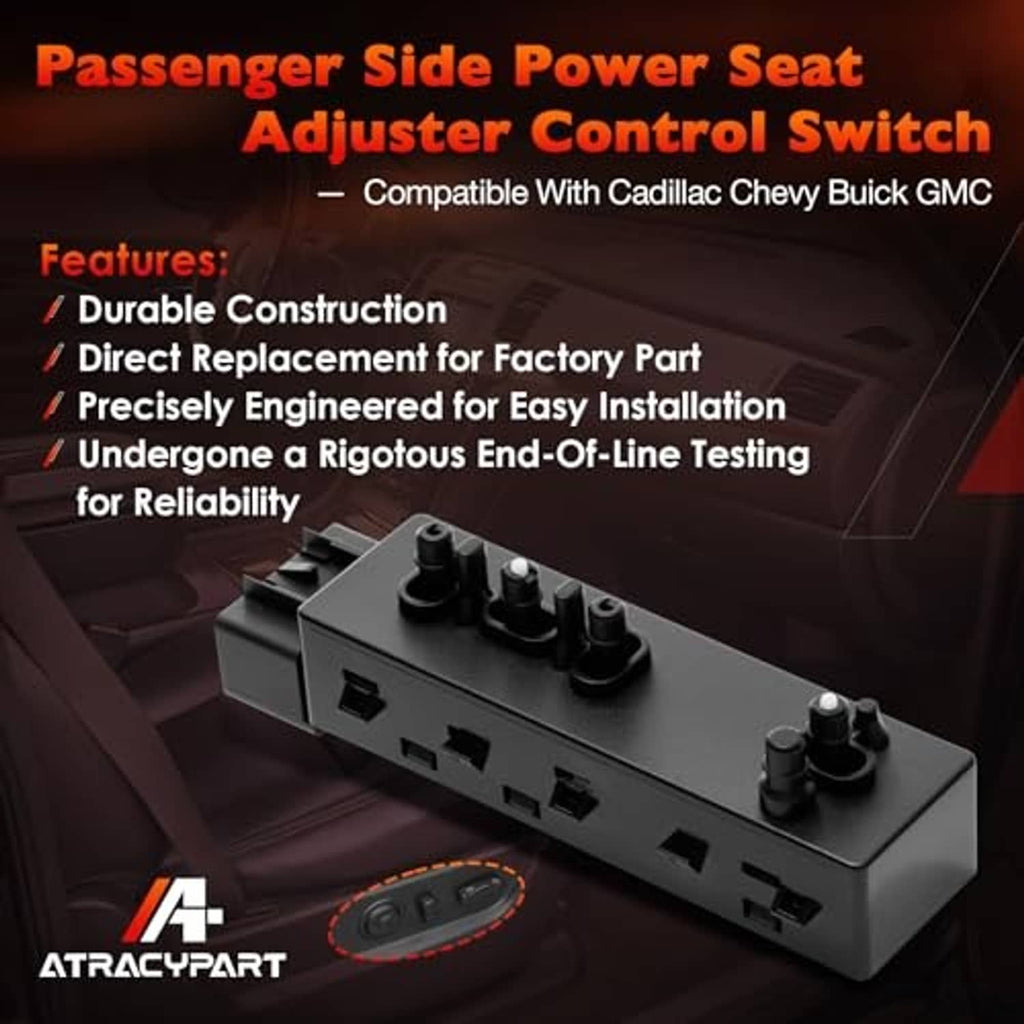 Passenger side power seat adjuster control switch, black plastic body with knob button array