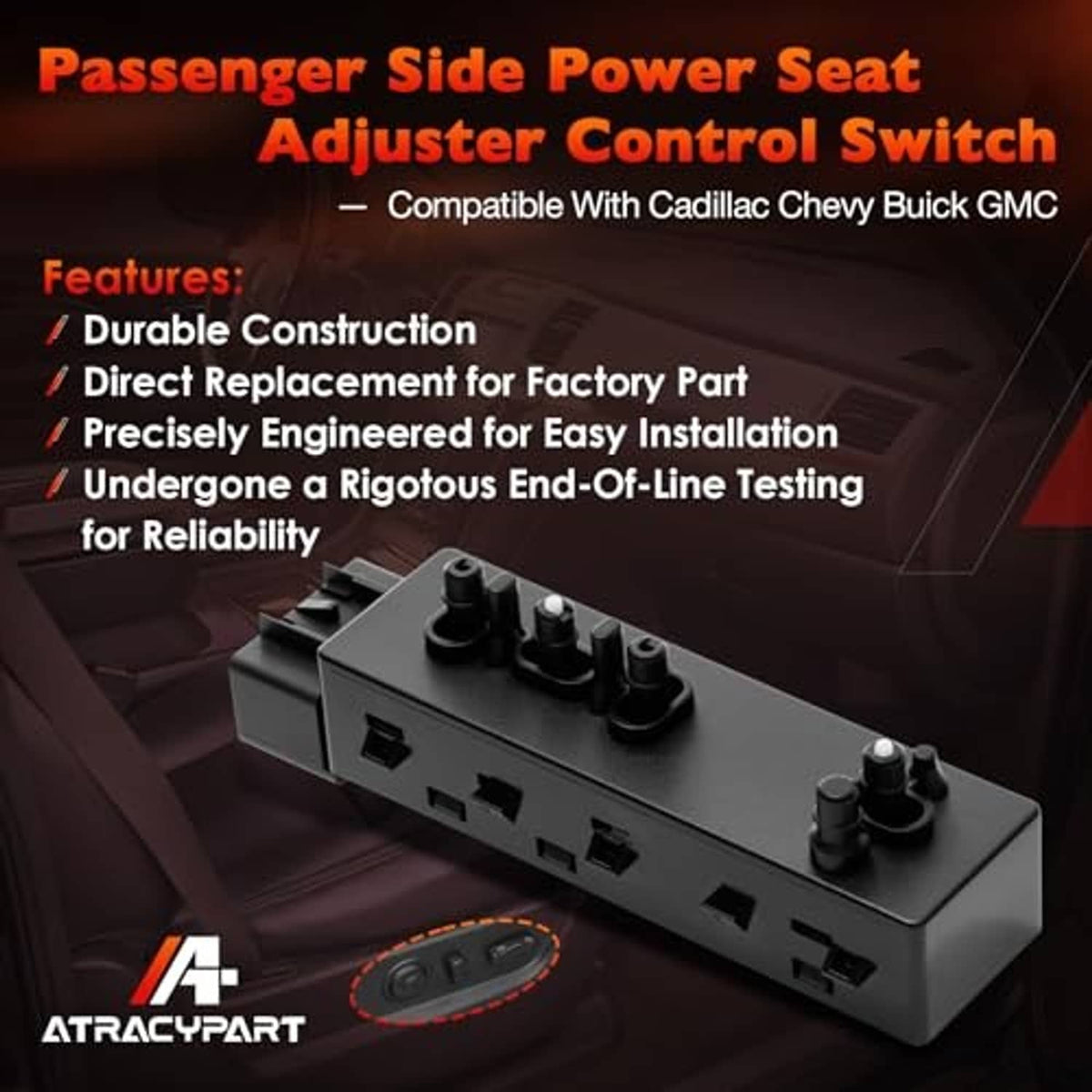 Passenger side power seat adjuster control switch, black plastic body with knob button array