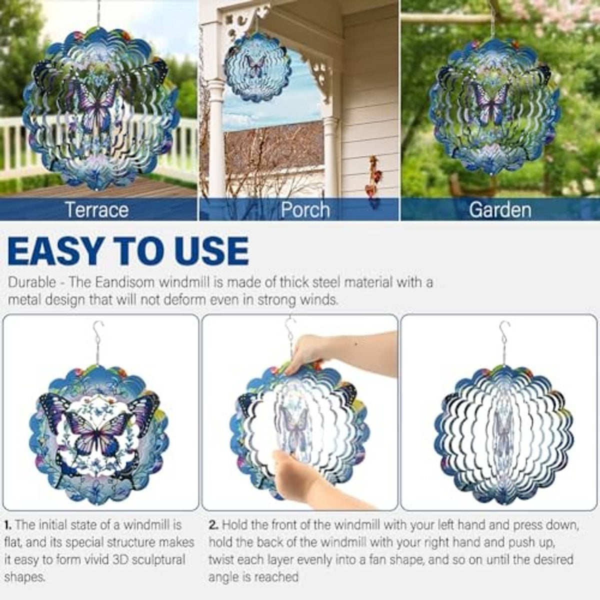 Butterfly wind spinner with blue layered petals and hanging hook for outdoor use