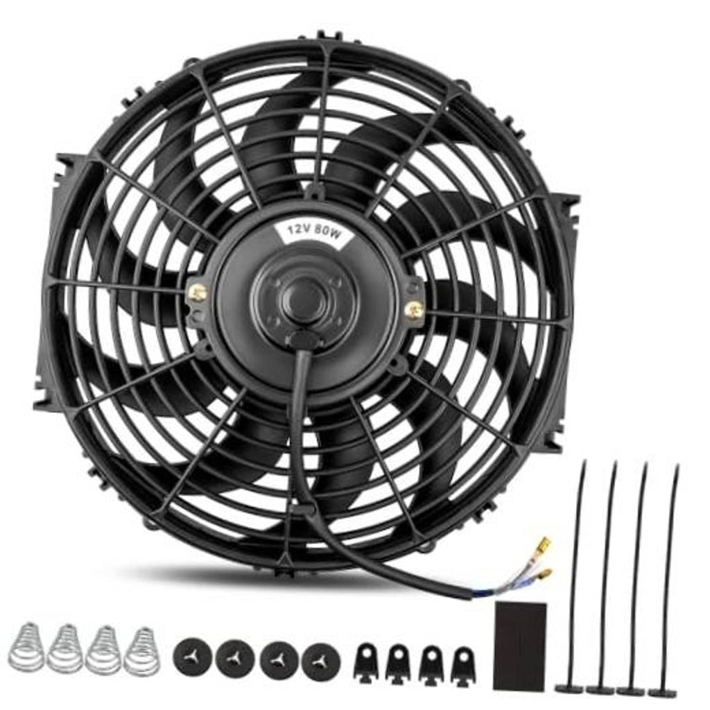 Black 8-inch electric radiator cooling fan with protective grille and center hub, plus wiring kit