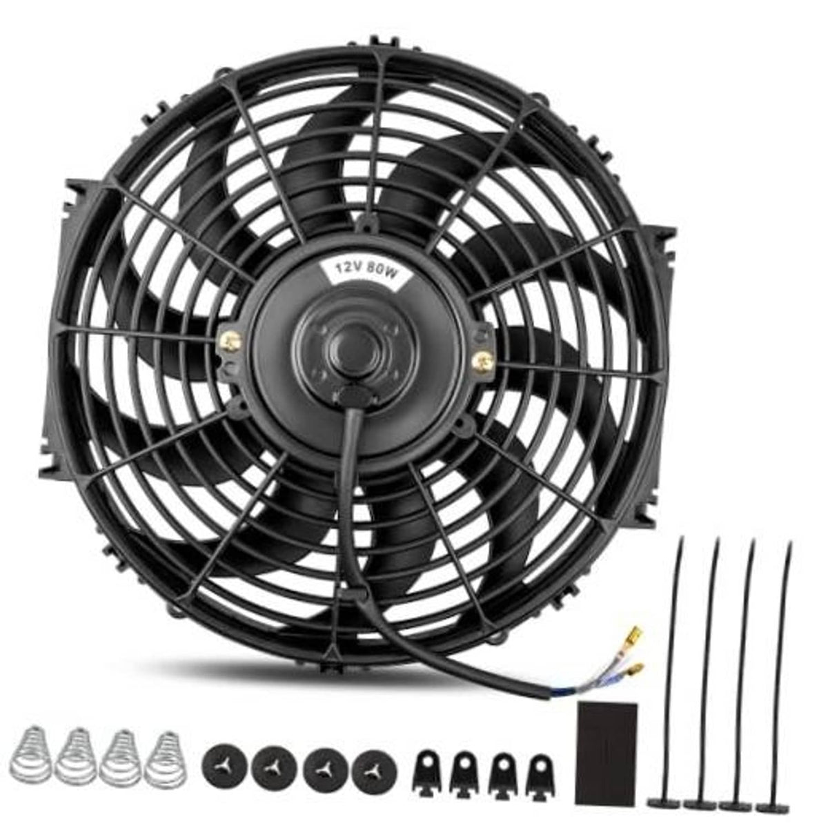 Black 8-inch electric radiator cooling fan with protective grille and center hub, plus wiring kit