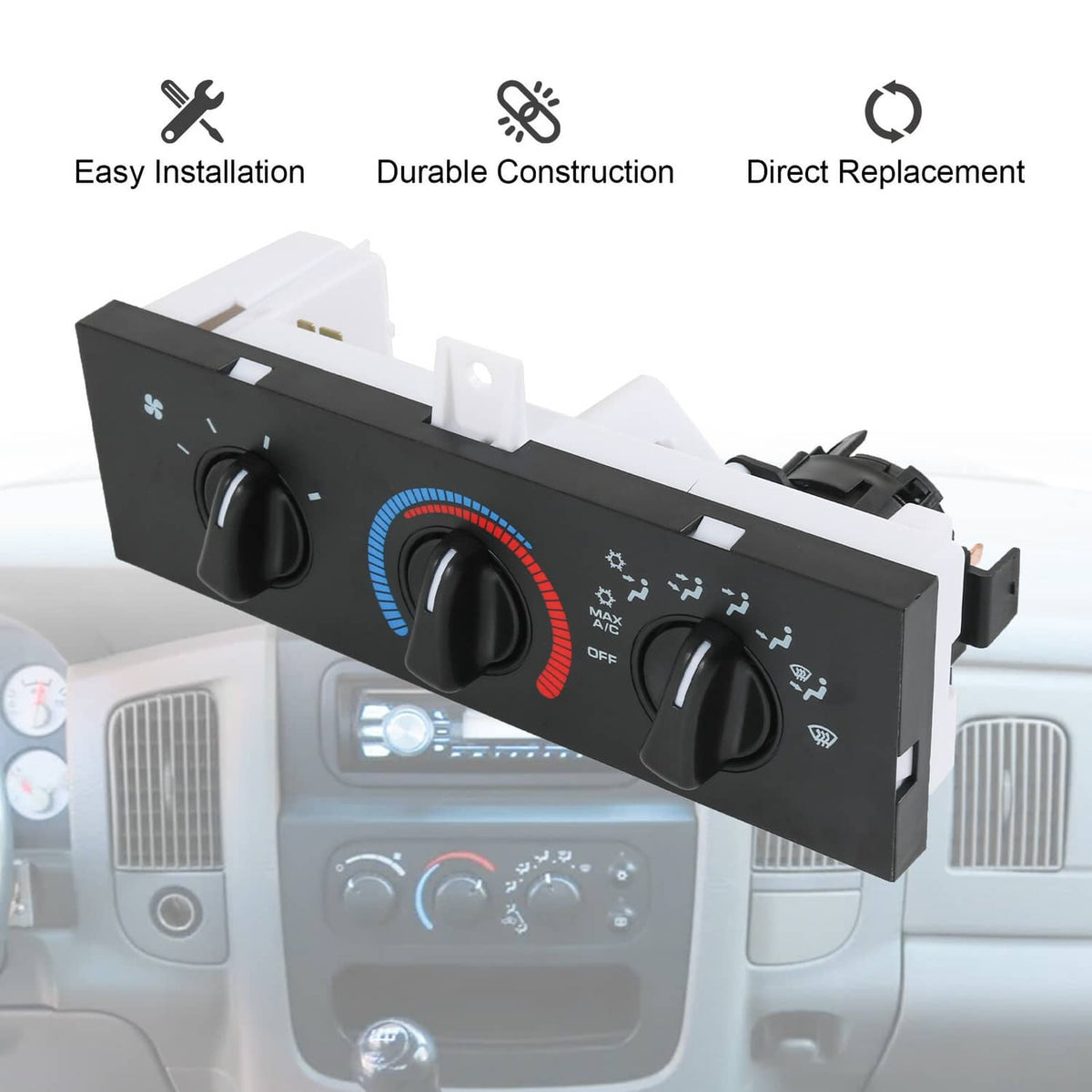 A/C heater control module with three black knobs and temperature ring mounted on bracket