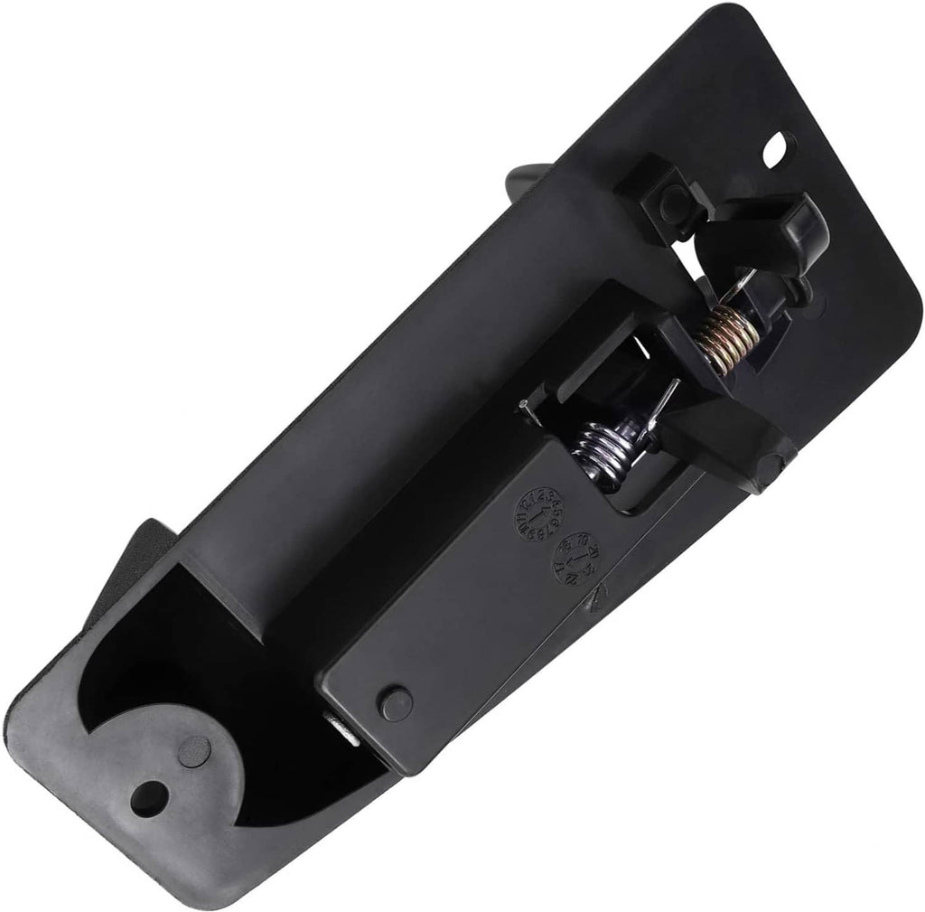 Black door handle with exposed latch springs and mounting clips underside
