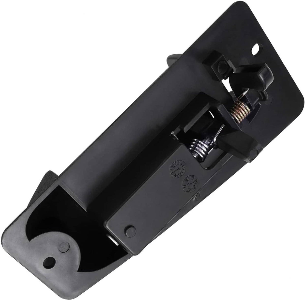Black door handle with exposed latch springs and mounting clips underside
