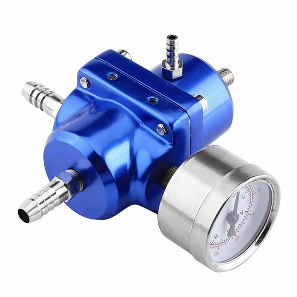 Blue adjustable fuel pressure regulator with metal gauge and fuel fittings