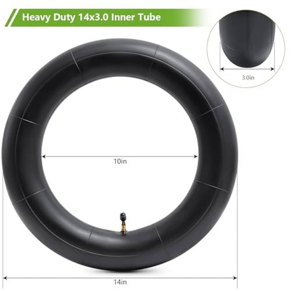 Black 14x3.0 inner tube with 14 in and 10 in measurements