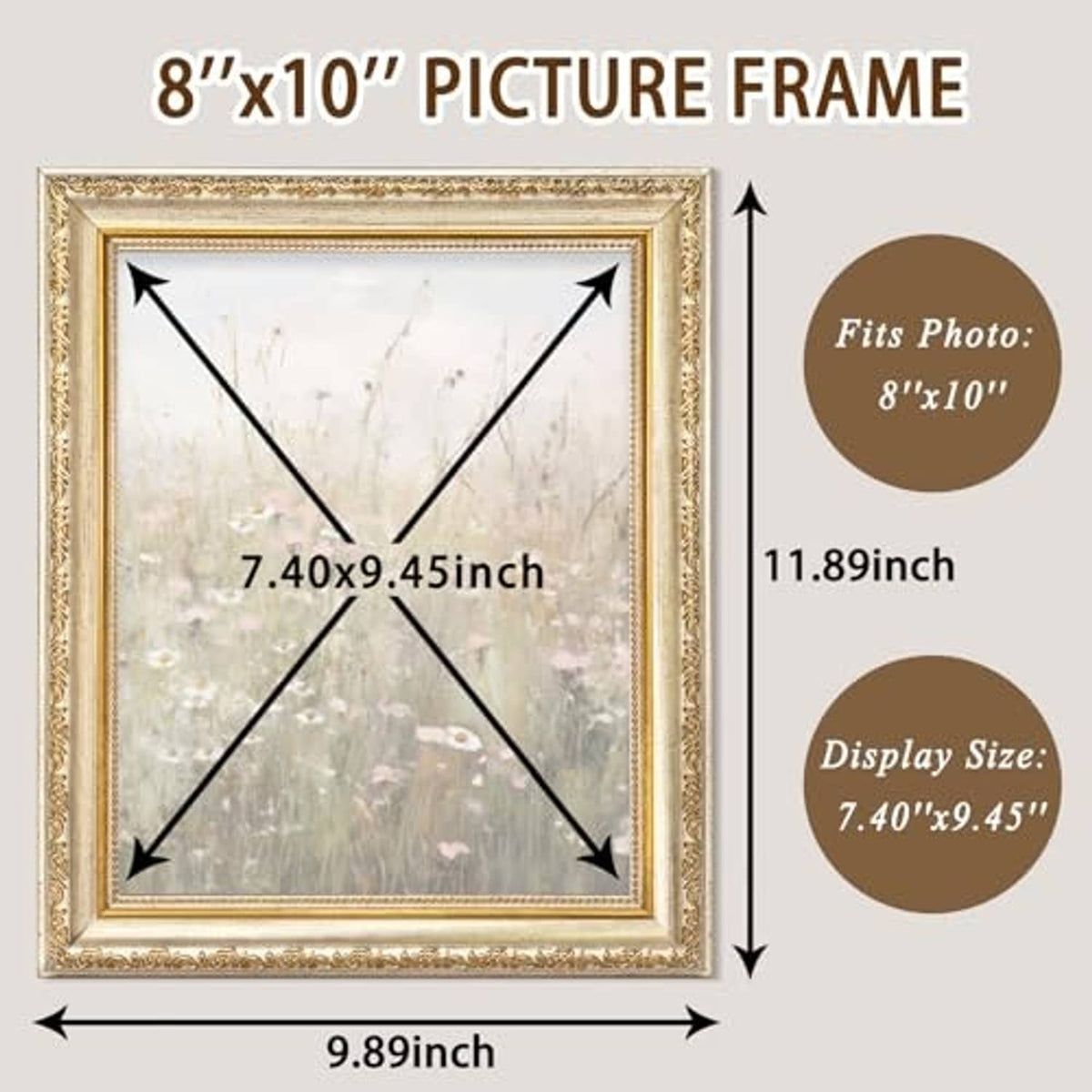 Ornate gold 8x10 picture frame with size measurement diagram and corner arrows