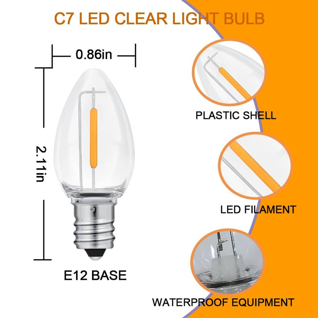 Clear C7 LED light bulb with E12 base and filament inside plastic shell.
