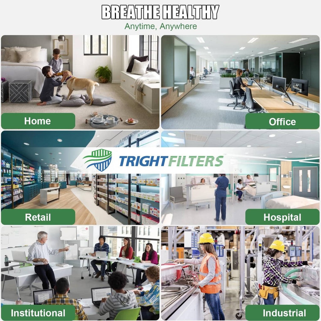 Air filter infographic for home, office, retail, hospital, and industrial settings