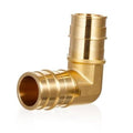 Solid brass PEX elbow fitting with 90-degree bend and threaded end connectors