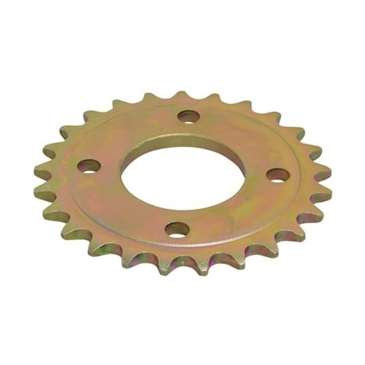 Iridescent gold 25-tooth sprocket with circular center hole and bolt holes