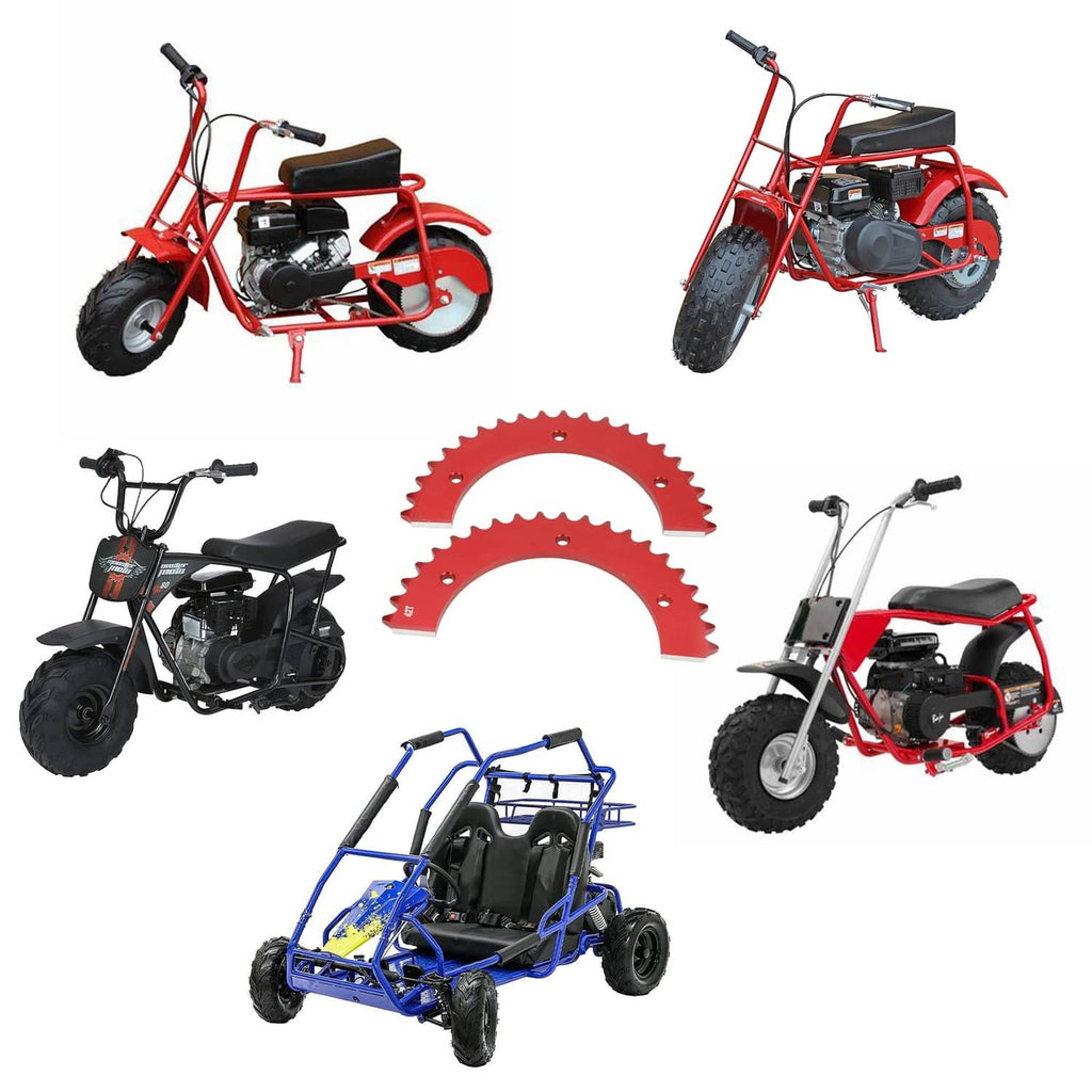 Red 42T split sprocket set, two-piece gear shown with mini bike fitment