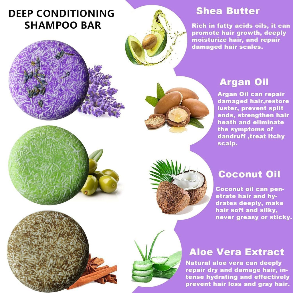 Round deep conditioning shampoo bars in purple, green, and brown tones