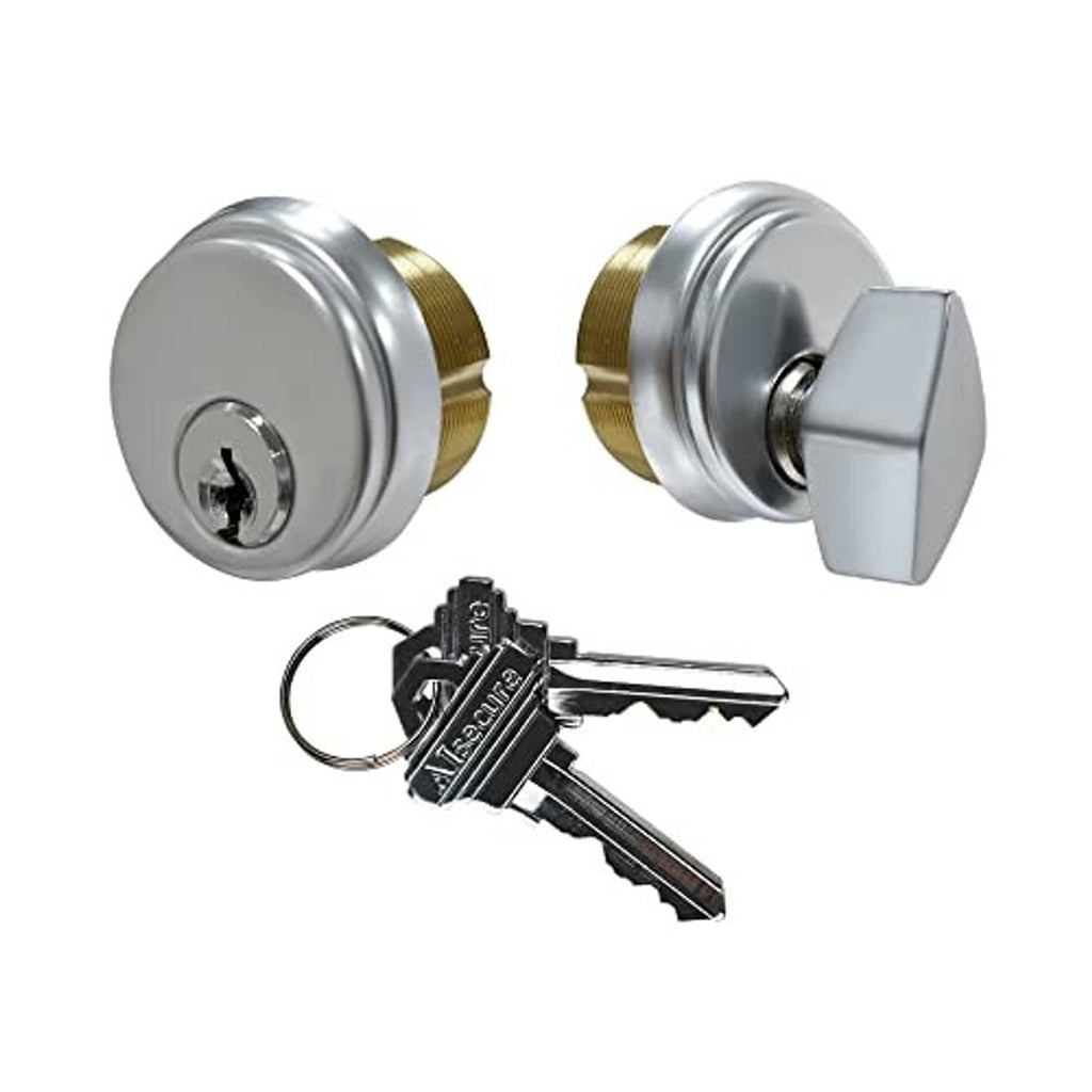 Brass mortise lock cylinder pair with silver faceplates and key ring