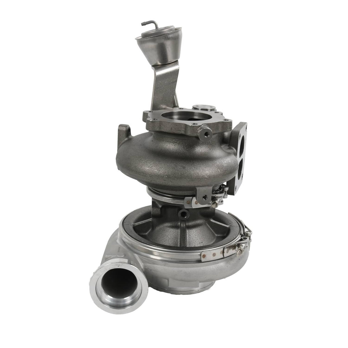 Turbocharger with curved cast housing, compressor housing, and side mounting bracket
