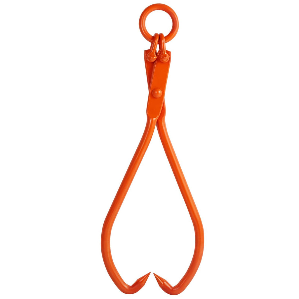 Orange log lifting tongs with double claw jaws and top hanging ring