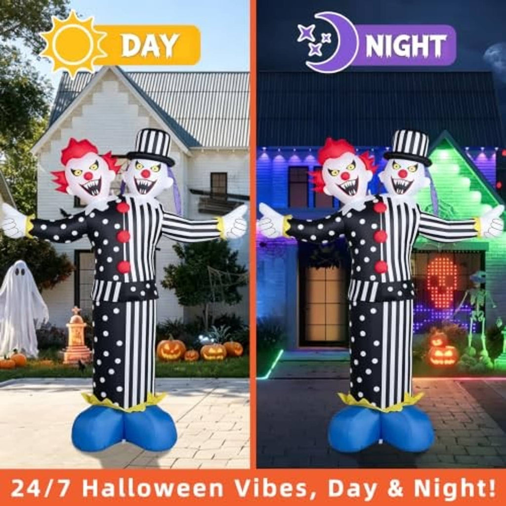 Inflatable two-headed clown decor with striped black-and-white suit, polka dots, and blue base