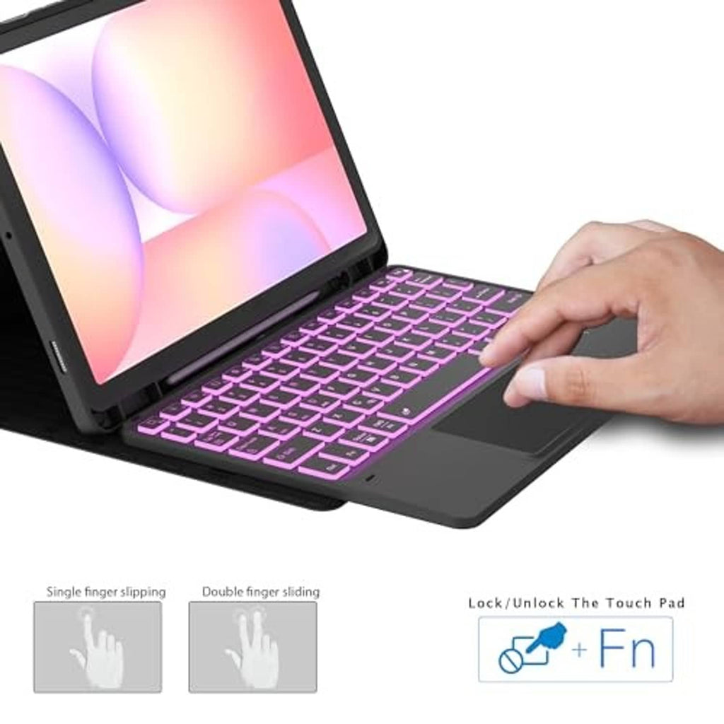 Black keyboard case with purple backlit keys, trackpad, and hand sliding on the tablet.