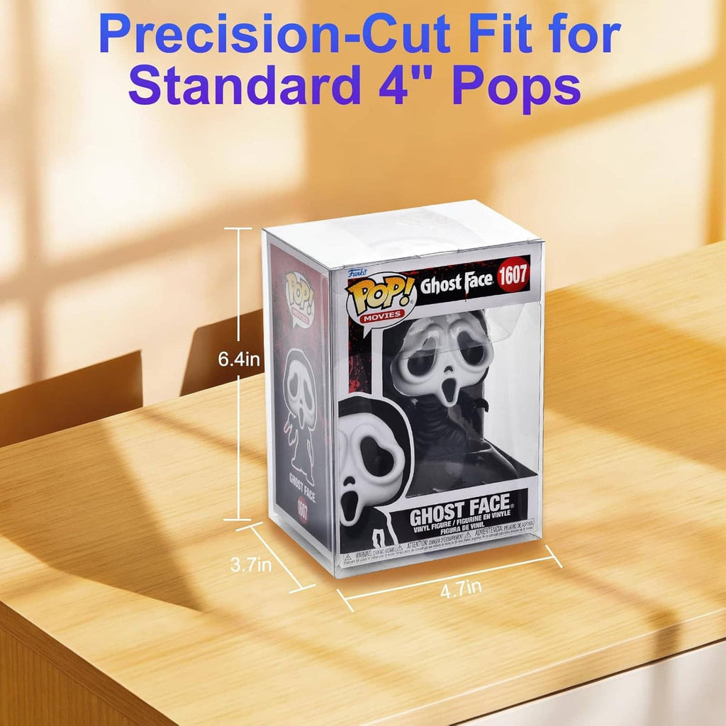 Clear protector case fitting standard 4-inch Pop boxes, around a boxed figure