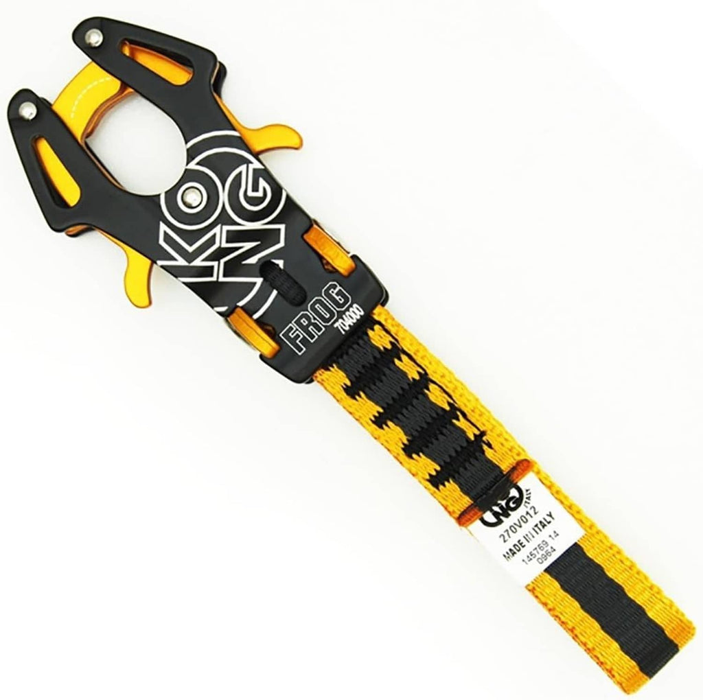 Kong Frog quick-draw carabiner set on a black-and-yellow woven strap