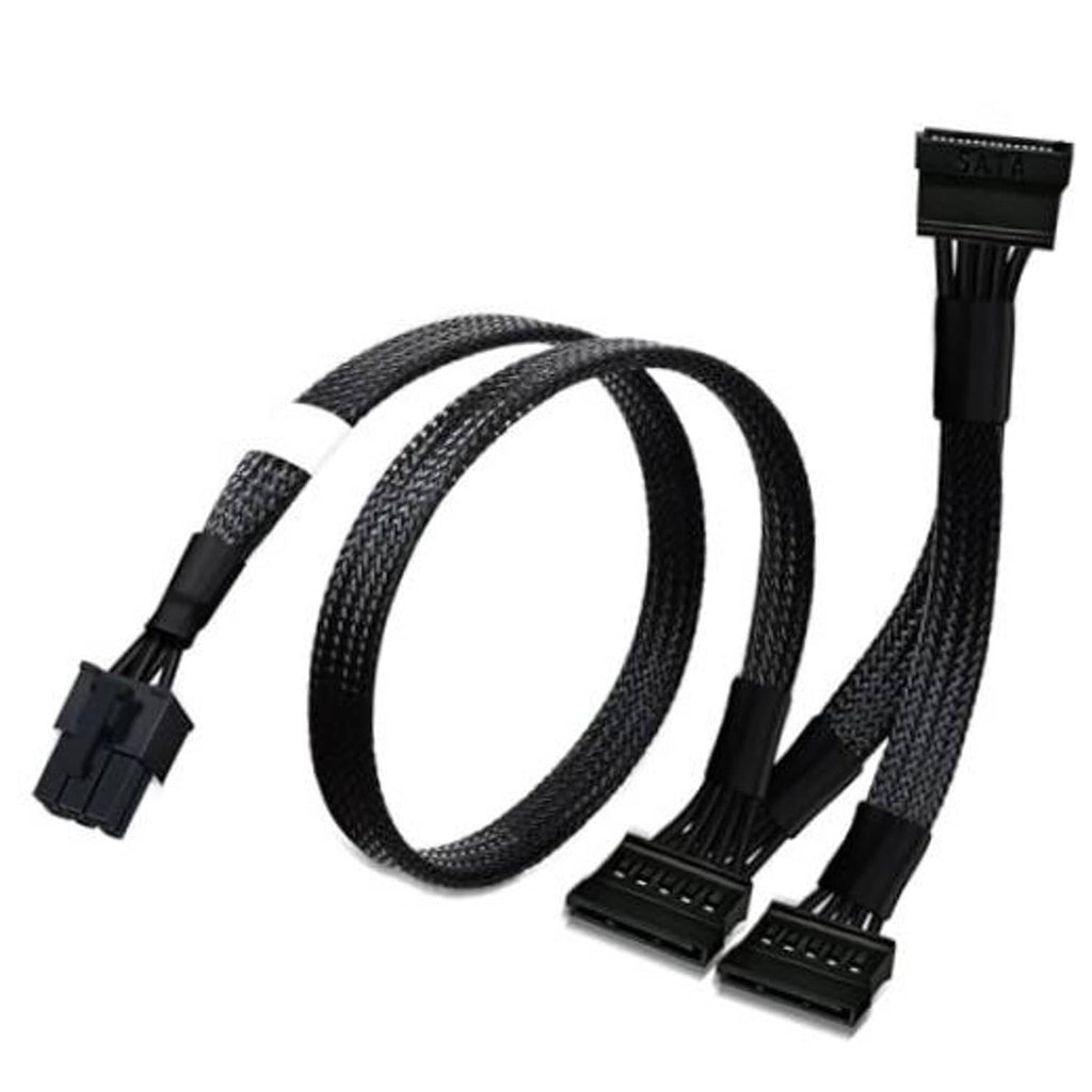 Sleeved SATA power splitter cable with 6-pin connector and three 15-pin outputs