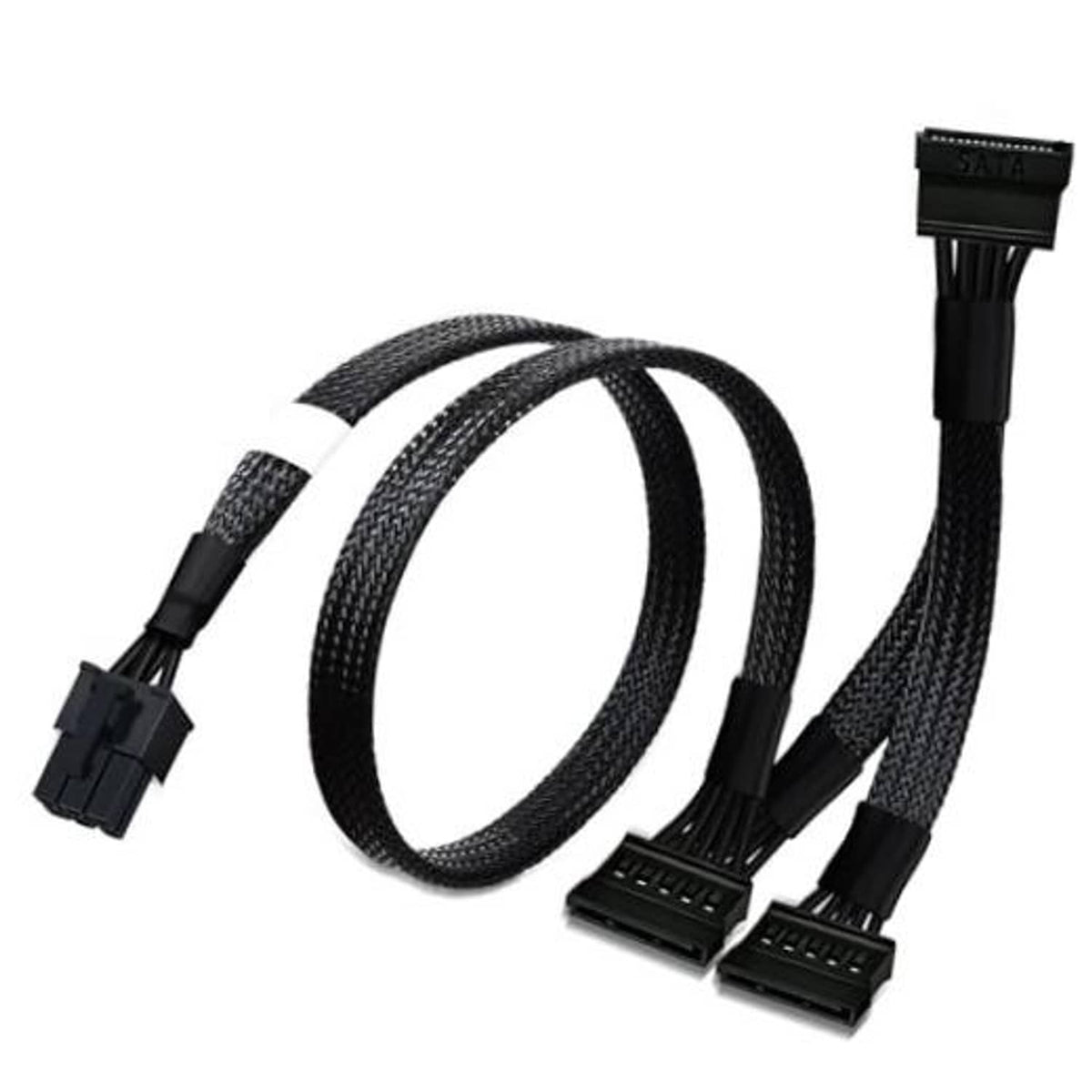 Sleeved SATA power splitter cable with 6-pin connector and three 15-pin outputs