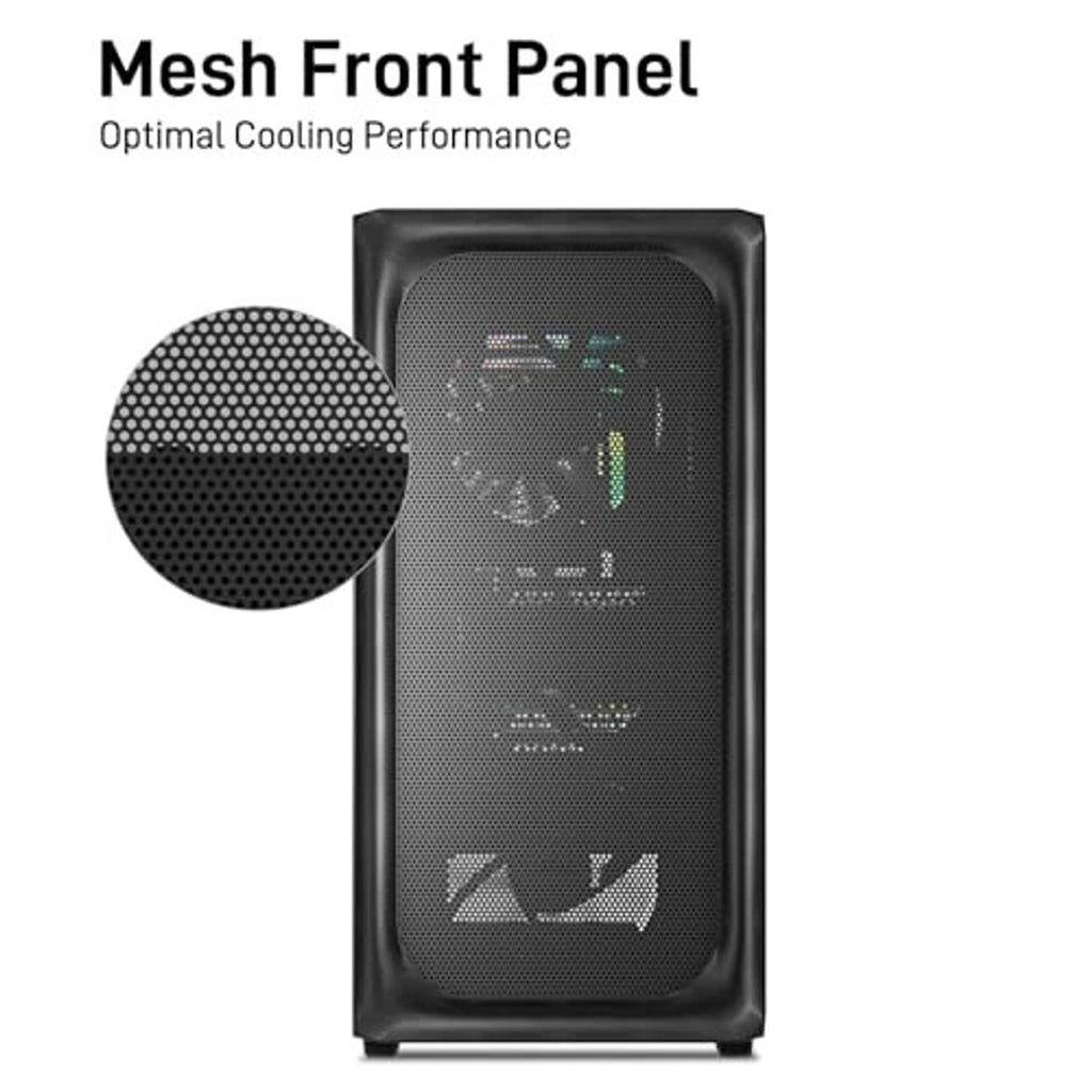 Black mesh front panel with perforated cooling grille and top drive bay opening