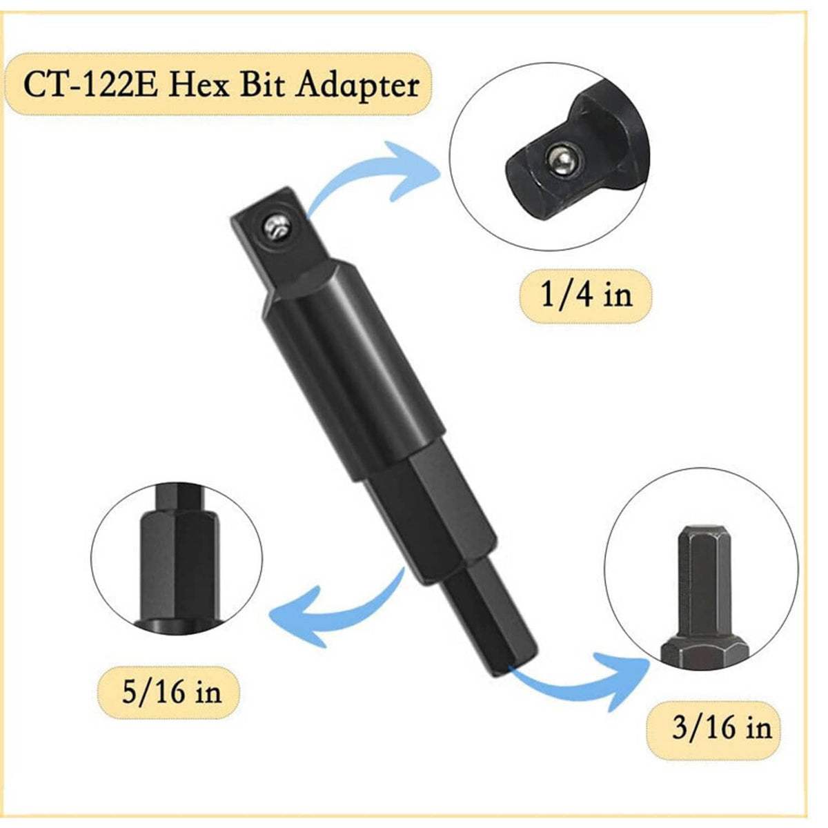 Hex bit adapter with 1/4 in and 5/16 in sizes, plus 3/16 in square fitting