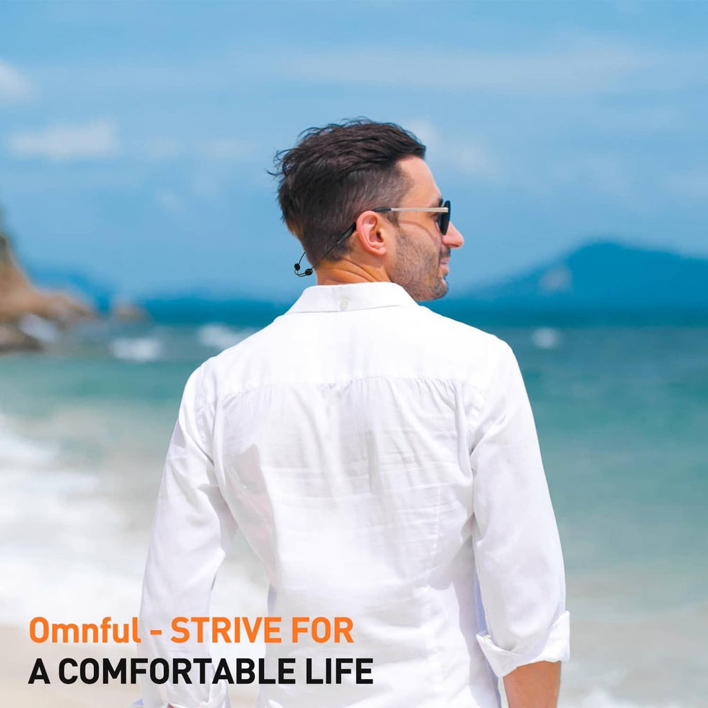 Omnful sunglasses strap worn around the neck on a man in a white shirt