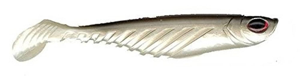 Soft plastic shad fishing bait, silver-gray body with red-ring eye