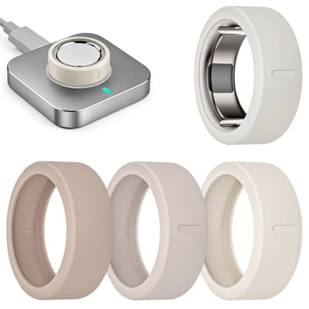 Ring cover set featuring a silver case, white sleeve, and neutral-toned covers