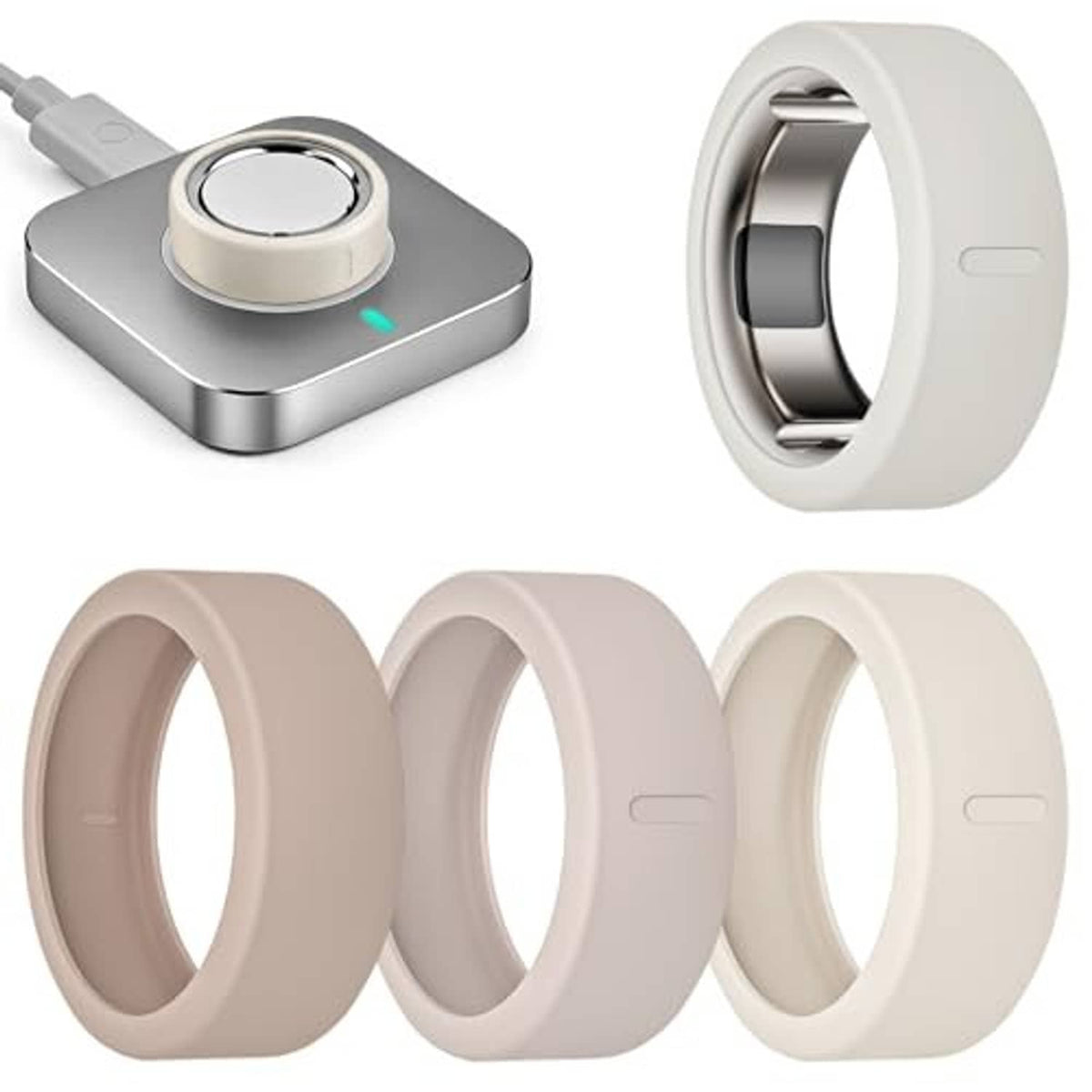 Ring cover set featuring a silver case, white sleeve, and neutral-toned covers