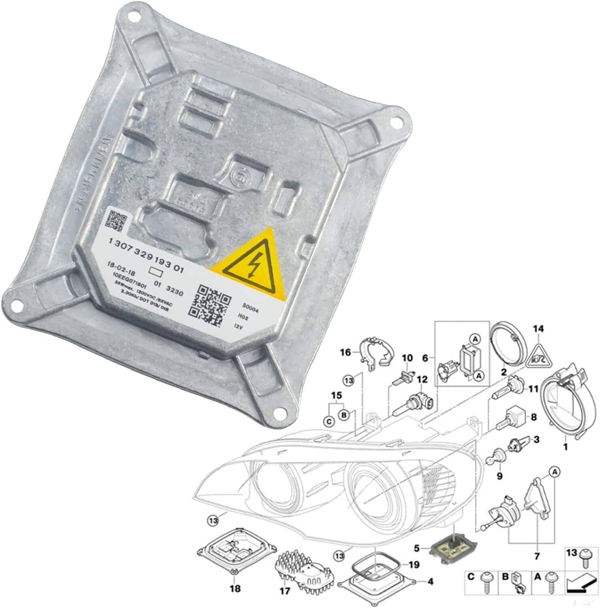 Silver HID ballast module parts diagram with warning triangle and mounting layout
