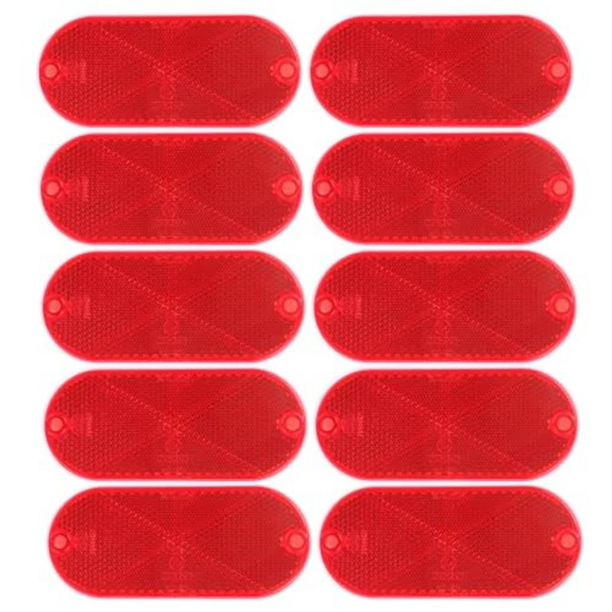 Pack of red oval reflectors with textured pattern and two side mounting holes