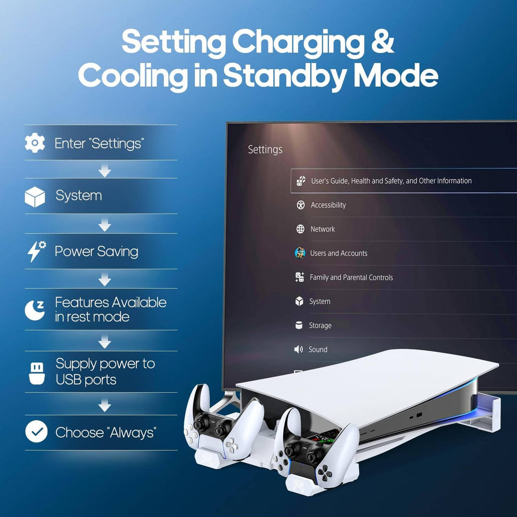 White horizontal stand with cooling fan and charger cradle for console standby use