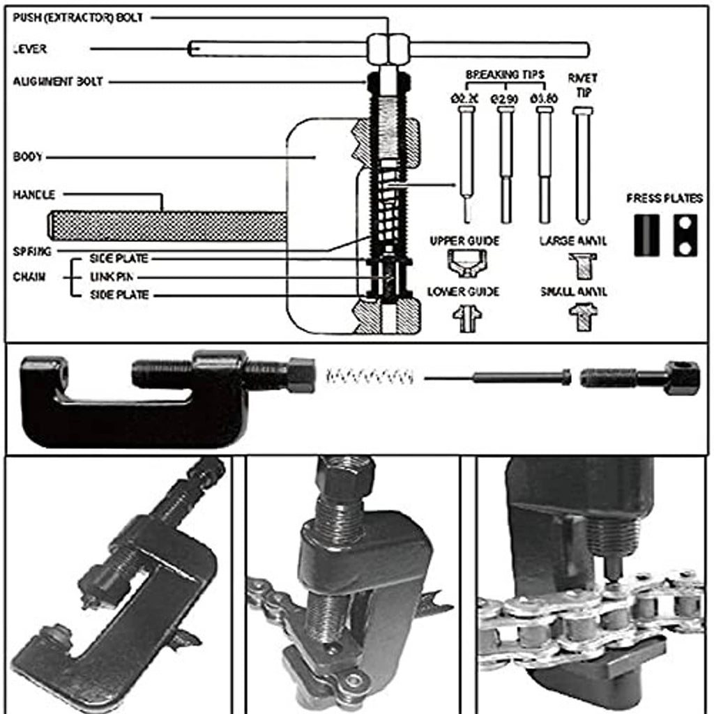 Chain link breaker rivet tool with labeled diagram and included press components
