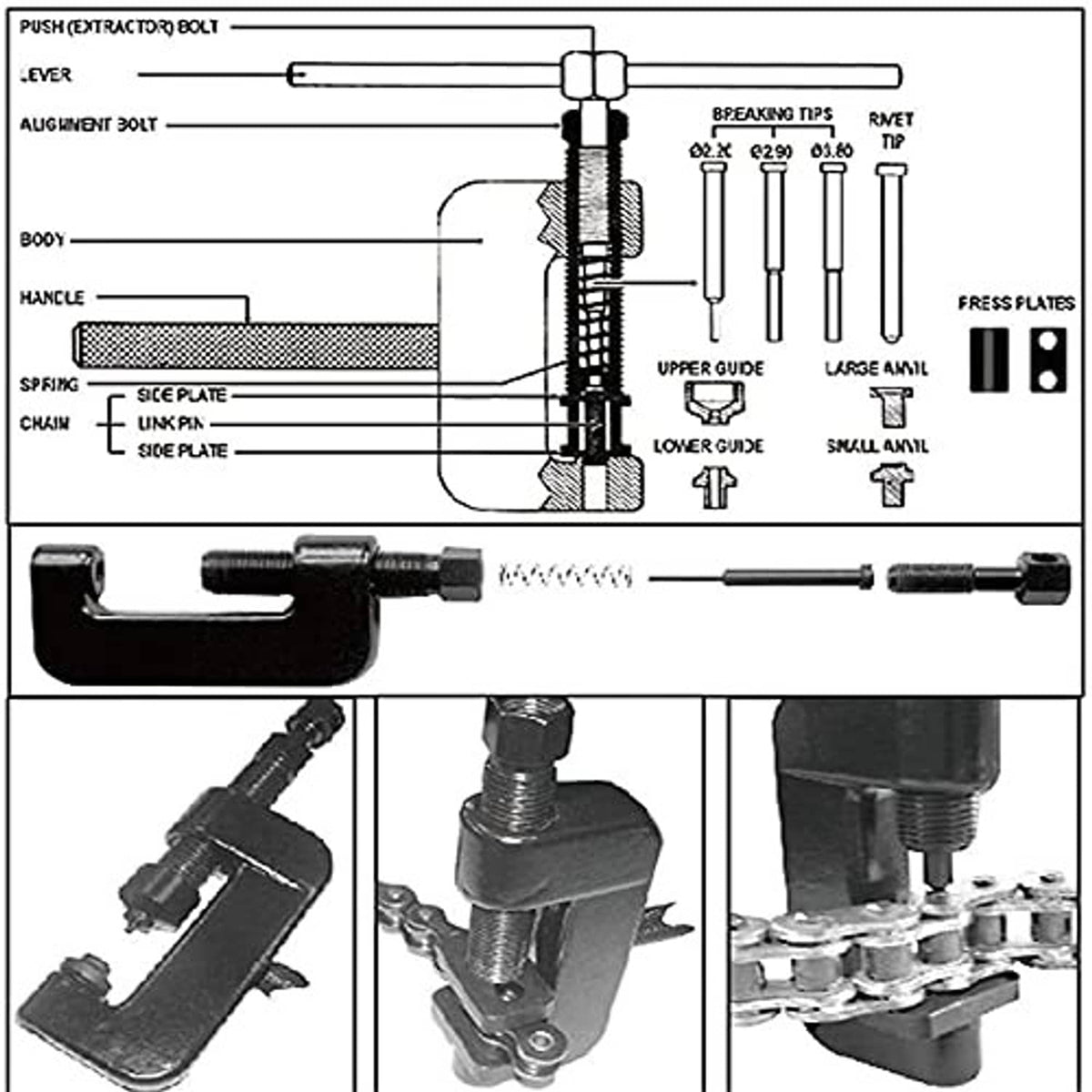 Chain link breaker rivet tool with labeled diagram and included press components