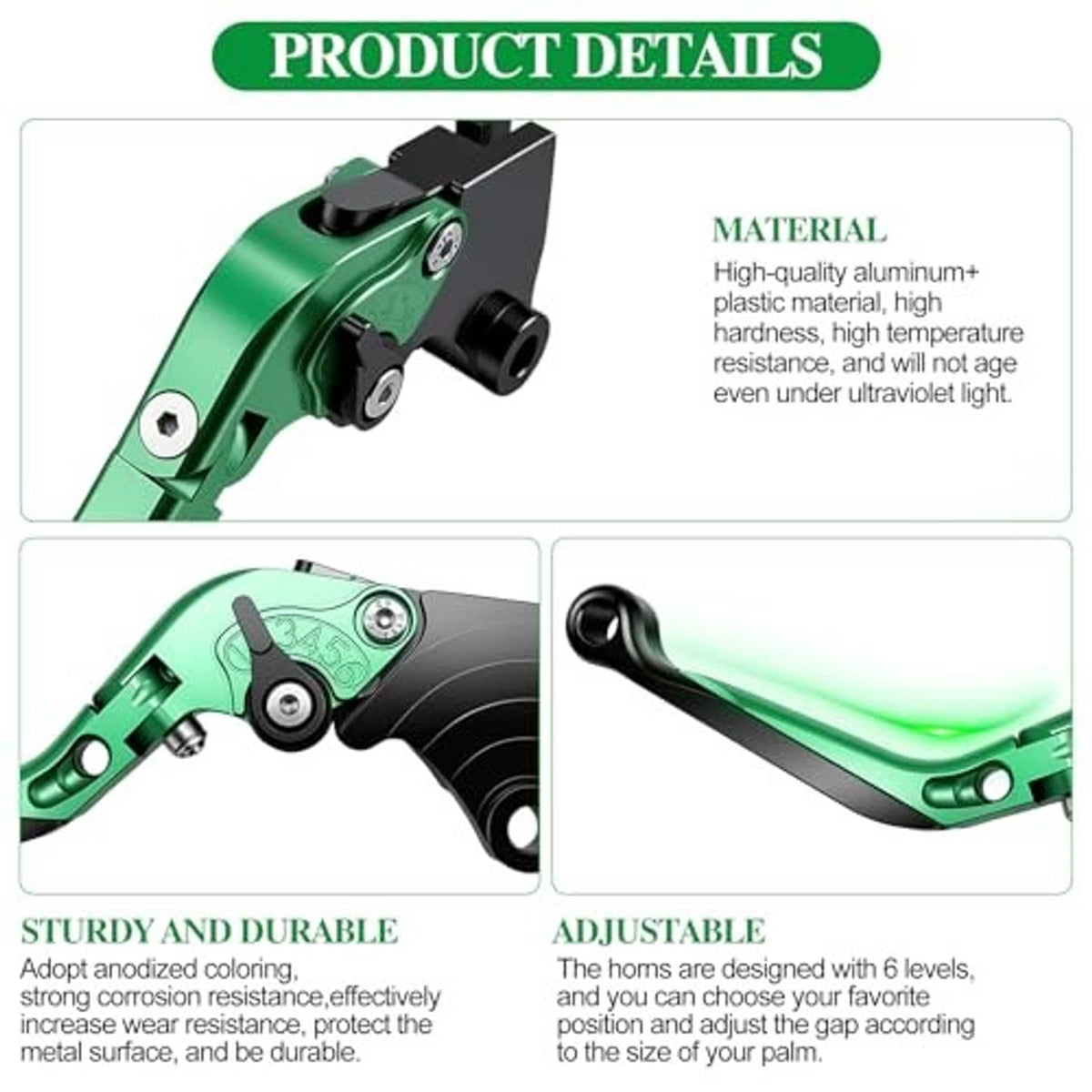 Green adjustable CNC motorcycle brake and clutch levers with pivot hardware and black ends