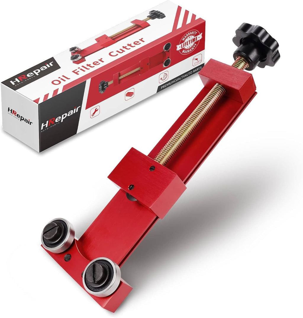 Adjustable red oil filter cutter opener tool with black knob and two end jaws