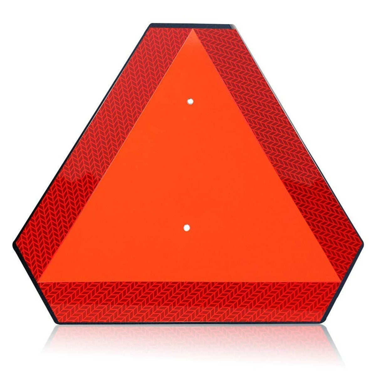 Reflective triangle slow moving vehicle safety sign with orange center and two holes