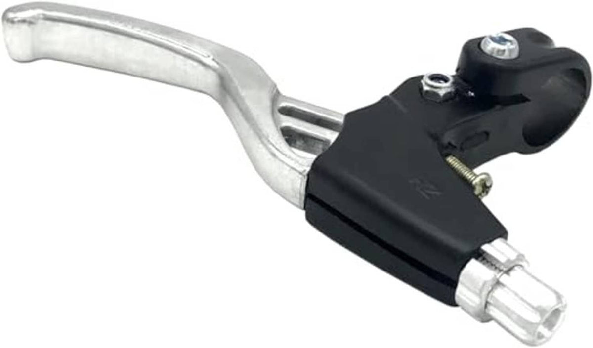 Aluminum bicycle brake lever with silver curved arm and black lever body, mounting hardware